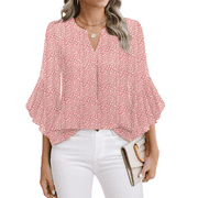 Fantaslook Blouses for Women 3/4 Ruffle Sleeve Summer Tops V Neck Business Work Blouse Dressy Casual Shirts