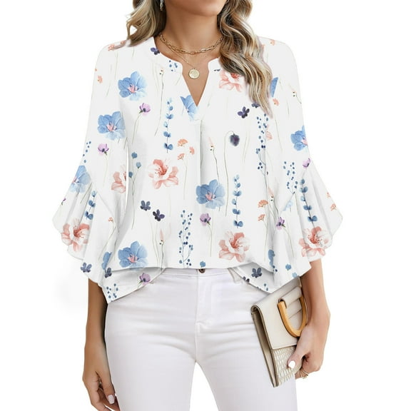 Fantaslook Blouses for Women 3/4 Ruffle Sleeve Summer Tops V Neck Business Work Blouse Dressy Casual Loose Shirts
