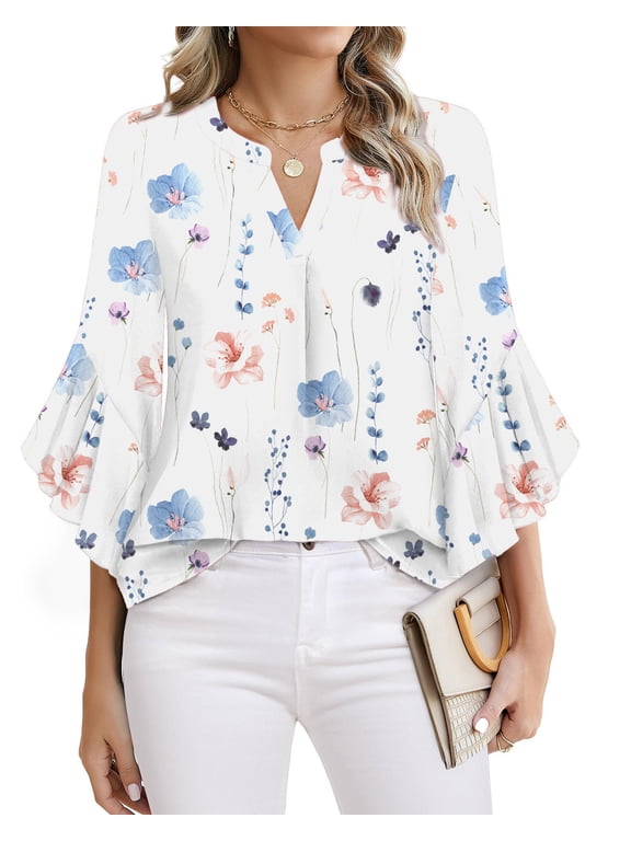 Blouses for Women 3/4 Ruffle Sleeve Summer Tops V Neck Business Work Blouse Dressy Casual Shirts