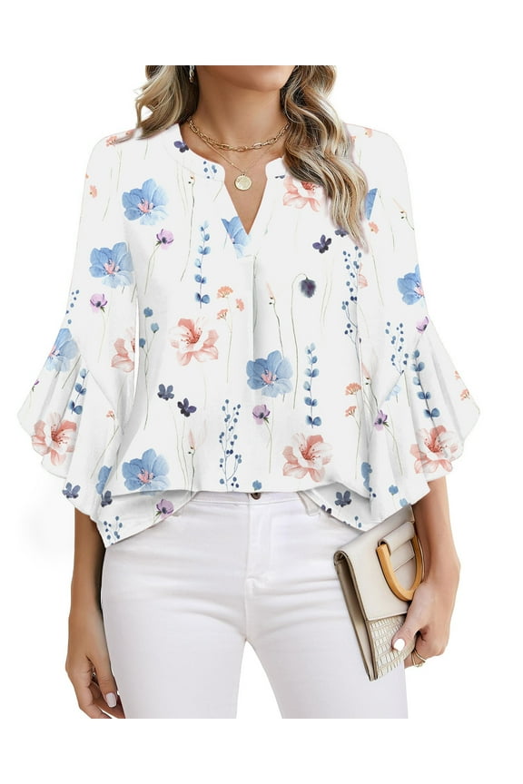 Blouses for Women 3/4 Ruffle Sleeve Summer Tops V Neck Business Work Blouse Dressy Casual Loose Shirts