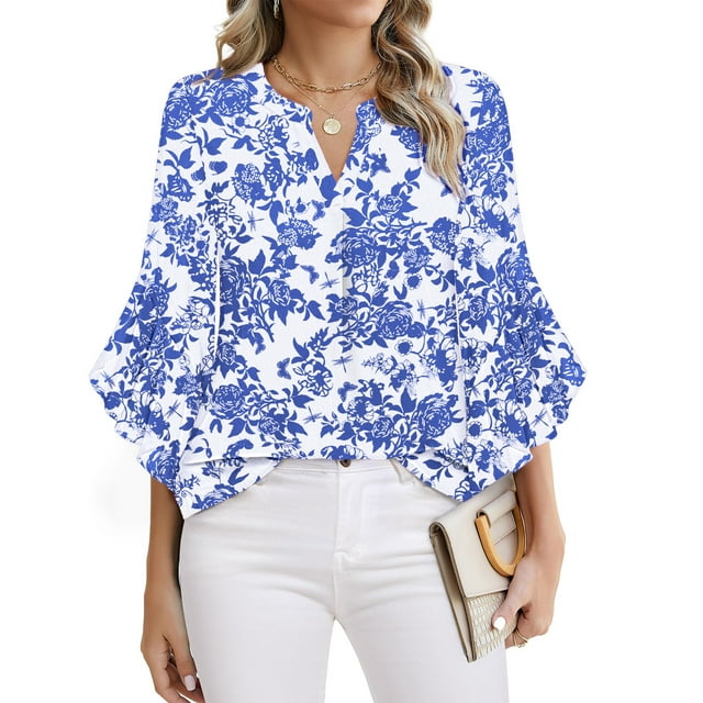 Fantaslook Blouses for Women 3/4 Ruffle Sleeve Summer Tops V Neck ...