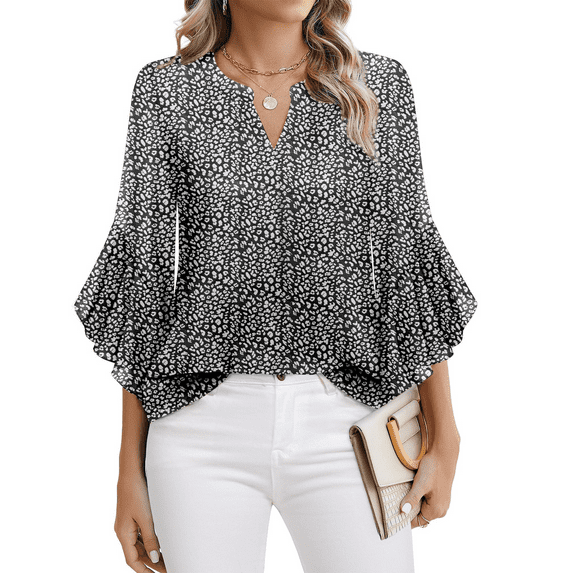 Fantaslook Blouses for Women 3/4 Ruffle Sleeve Summer Tops V Neck Business Work Blouse Dressy Casual Loose Shirts