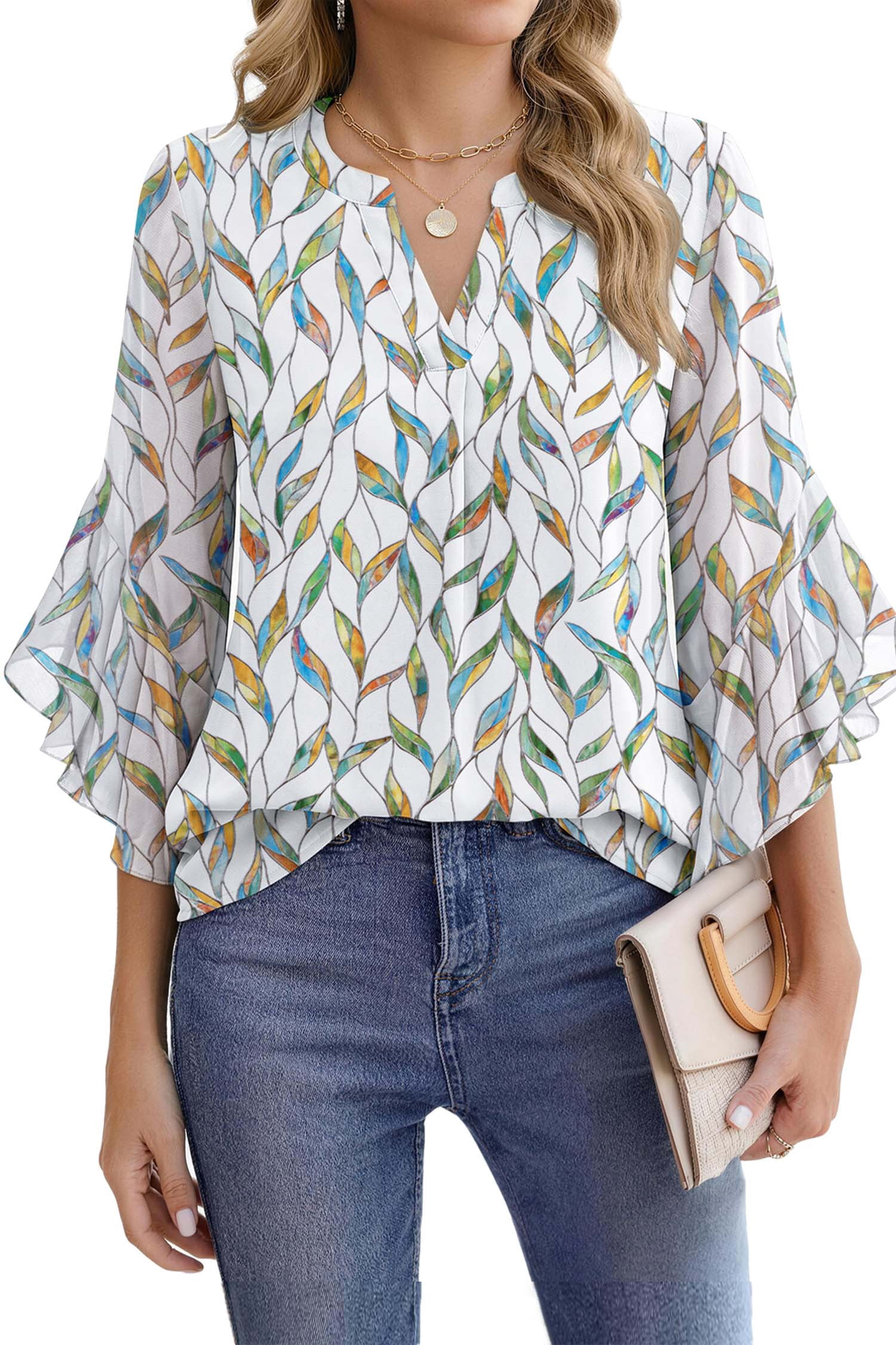 Fantaslook, Blouses for Women, L, 3/4 Ruffle Sleeve Summer Tops ...