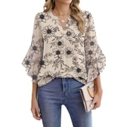 Fantaslook Blouses for Women 3/4 Ruffle Sleeve Summer Tops V Neck Business Work Blouse Dressy Casual Shirts
