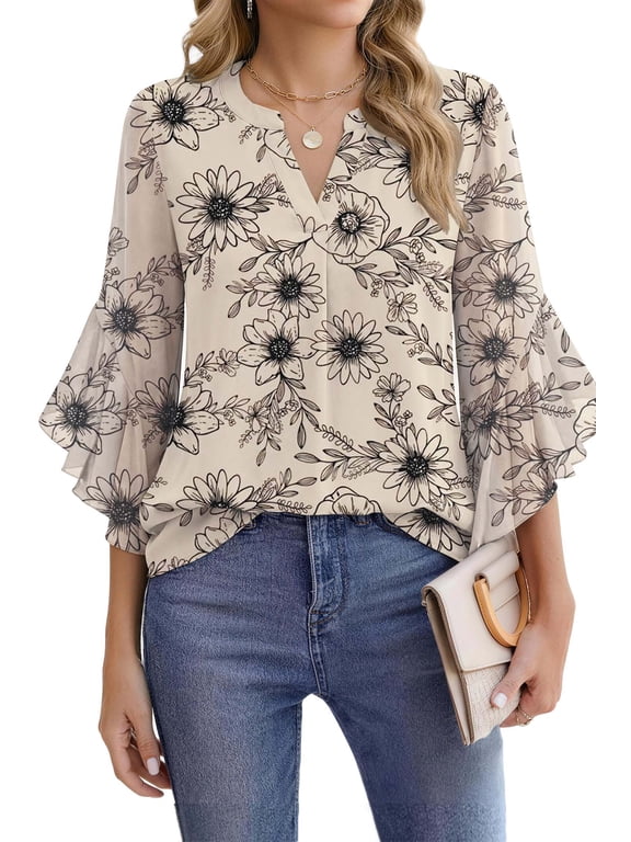 Blouses for Women 3/4 Ruffle Sleeve Summer Tops V Neck Business Work Blouse Dressy Casual Shirts