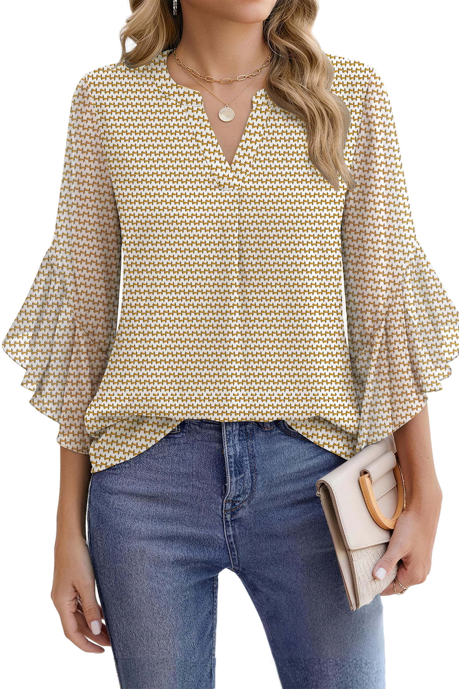 Fantaslook Blouses for Women 3/4 Ruffle Sleeve Summer Tops V Neck ...