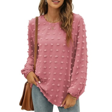 Fantaslook Blouses for Women Crewneck Long Sleeve Tops Chiffon Pom Pom Shirts Fall Casual