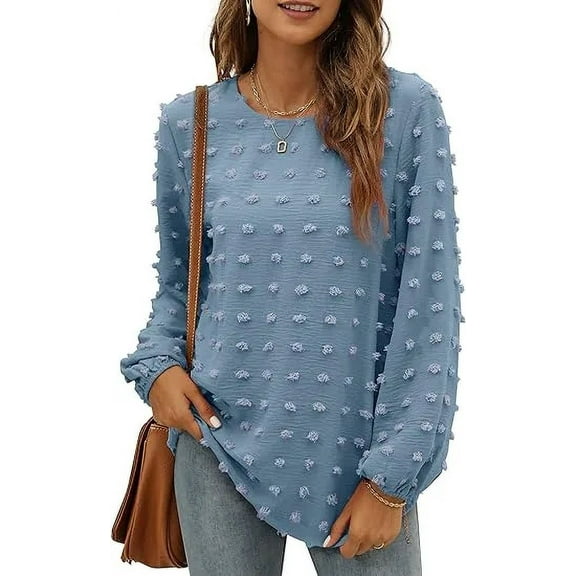 Fantaslook Blouses for Women Crewneck Long Sleeve Tops Chiffon Pom Pom Shirts Fall Casual