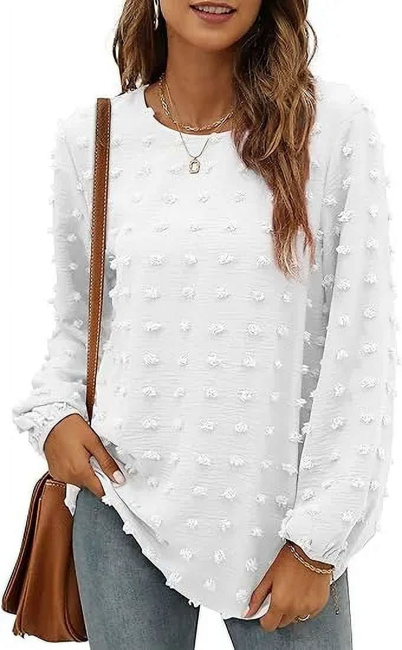 Fantaslook Blouses for Women Crewneck Long Sleeve Tops Chiffon Pom Pom Shirts Fall Casual