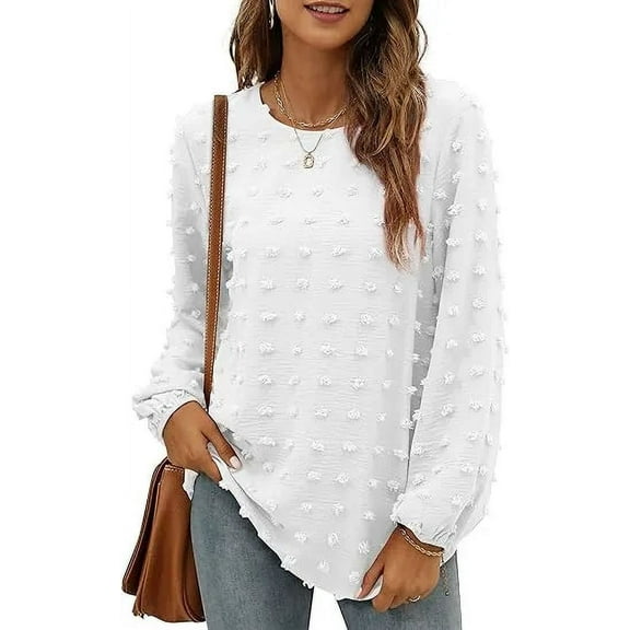 Fantaslook Blouses for Women Crewneck Long Sleeve Tops Chiffon Pom Pom Shirts Fall Casual