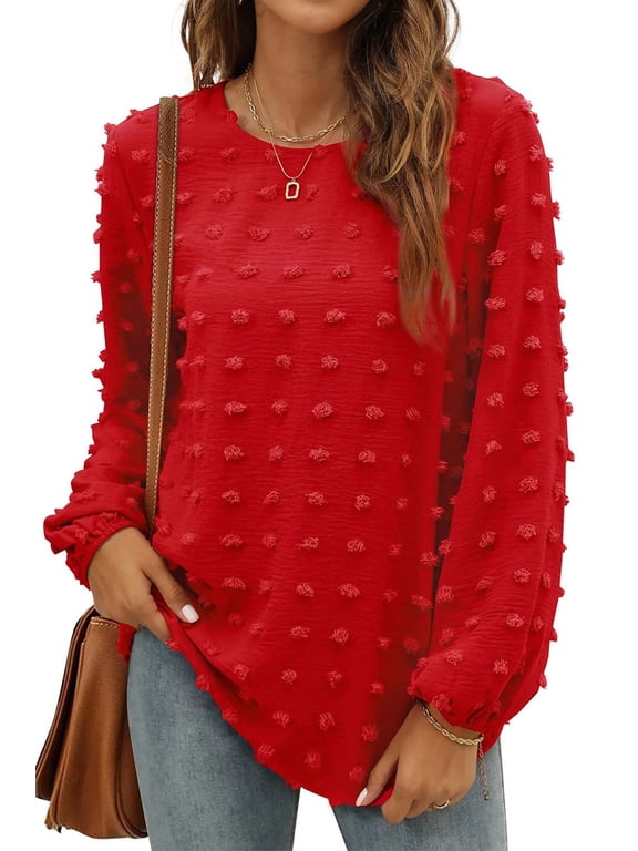 Blouses for Women Crewneck Long Sleeve Tops Chiffon Pom Pom Shirts Fall Casual