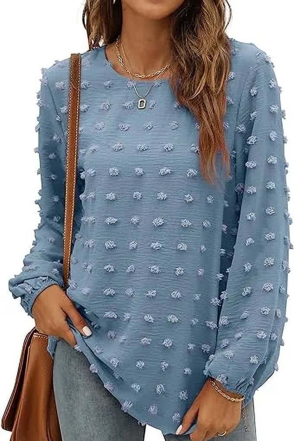 Blouses for Women Crewneck Long Sleeve Tops Chiffon Pom Pom Shirts Fall Casual