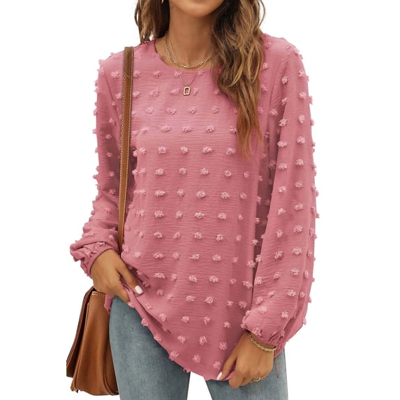 Fantaslook Blouses for Women Crewneck Long Sleeve Tops Chiffon Pom Pom Shirts Fall Casual