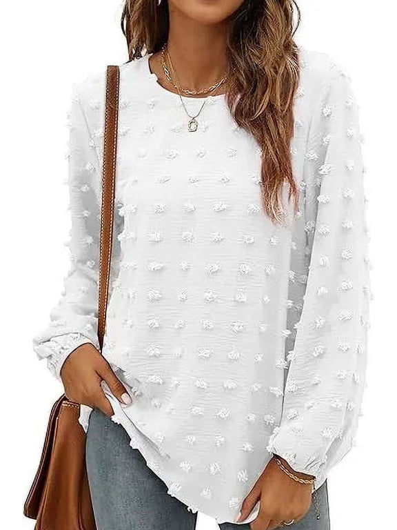 Blouses for Women Crewneck Long Sleeve Tops Chiffon Pom Pom Shirts Fall Casual