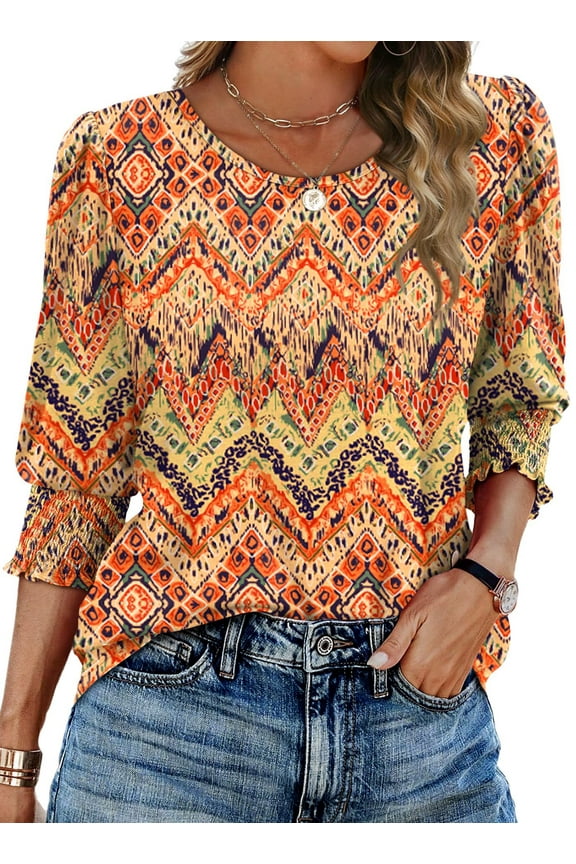 Blouses for Women Dressy Casual 3/4 Length Sleeve Womens Tops with Smocked Cuffs Fashion Shirts