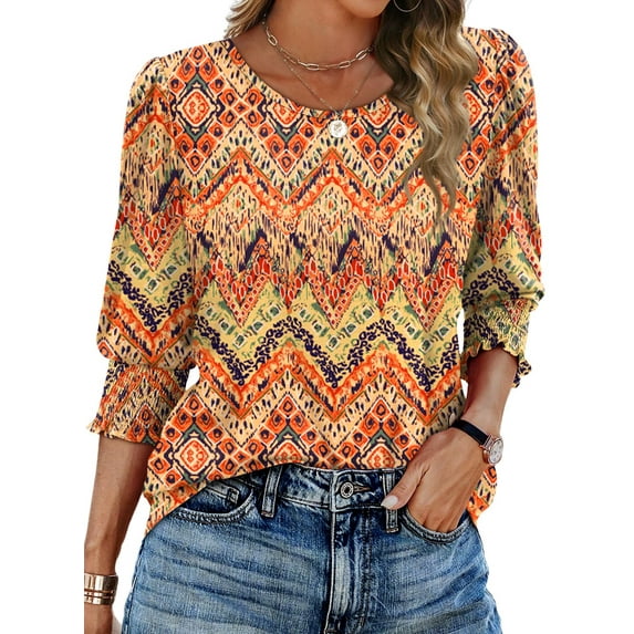 Fantaslook Blouses for Women Dressy Casual 3/4 Length Sleeve Womens Tops with Smocked Cuffs Fashion Shirts