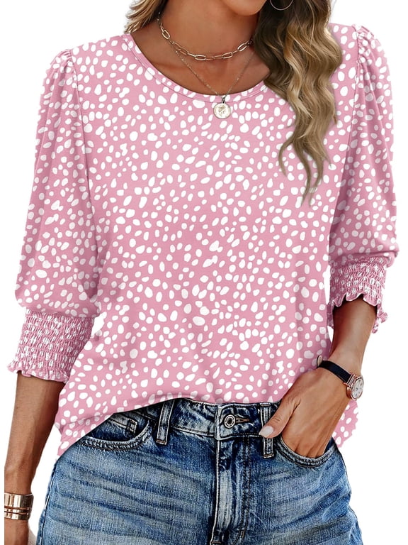 Blouses for Women Dressy Casual 3/4 Length Sleeve Womens Tops with Smocked Cuffs Fashion Shirts