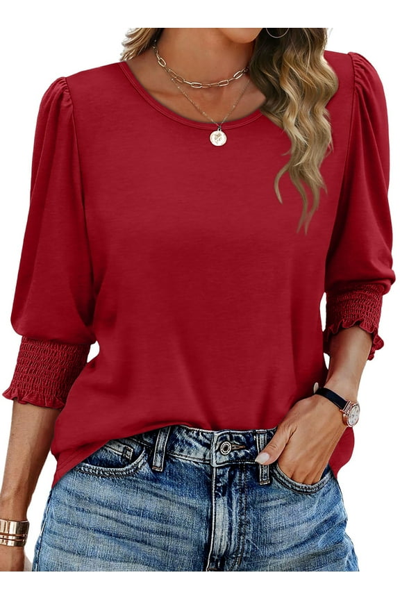 Blouses for Women Dressy Casual 3/4 Length Sleeve Womens Tops with Smocked Cuffs Fashion Shirts