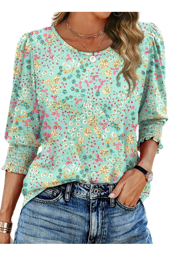 Blouses for Women Dressy Casual 3/4 Length Sleeve Womens Tops with Smocked Cuffs Fashion Shirts