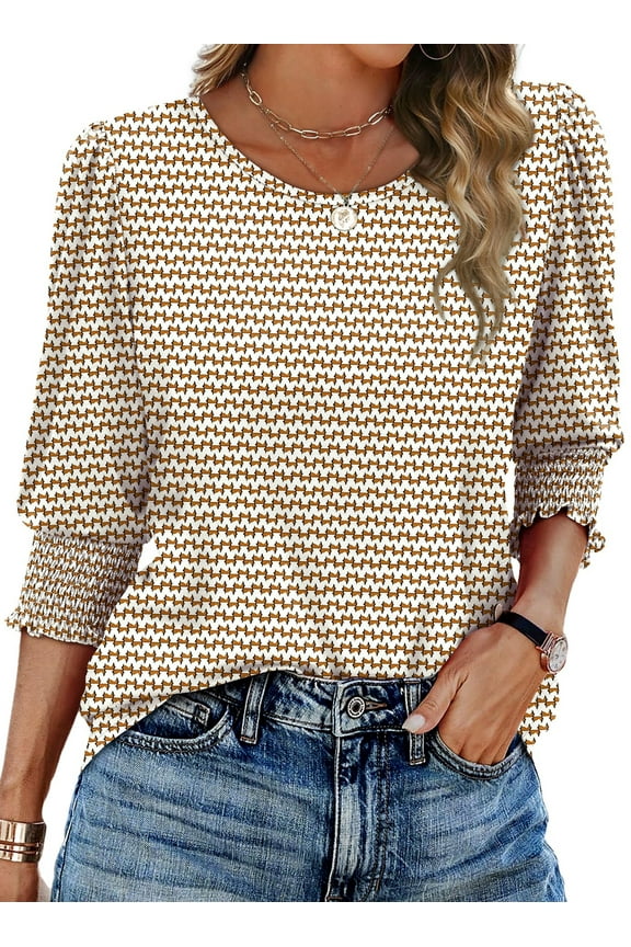 Blouses for Women Dressy Casual 3/4 Length Sleeve Womens Tops with Smocked Cuffs Fashion Shirts