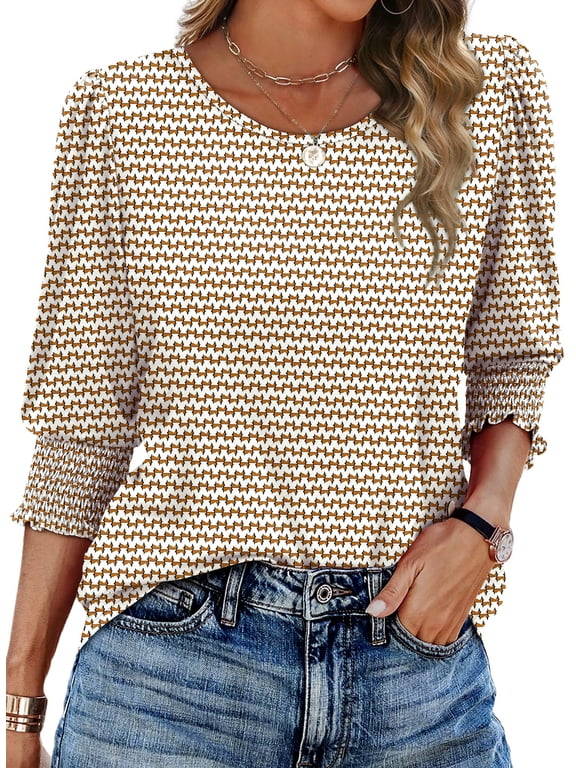 Blouses for Women Dressy Casual 3/4 Length Sleeve Womens Tops with Smocked Cuffs Fashion Shirts
