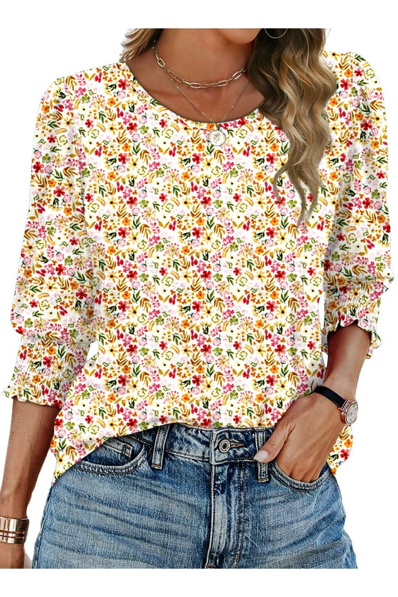 Blouses for Women Dressy Casual 3/4 Length Sleeve Womens Tops with Smocked Cuffs Fashion Shirts