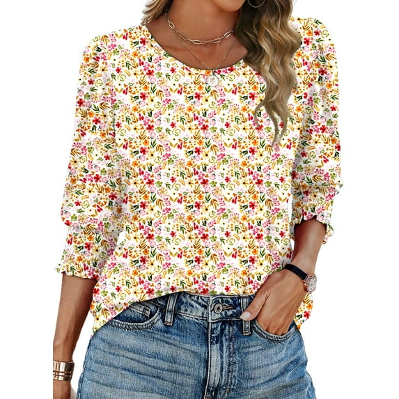 Fantaslook Blouses for Women Dressy Casual 3/4 Length Sleeve Womens Tops with Smocked Cuffs Fashion Shirts