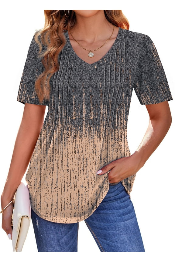 Blouses for Women Dressy Casual V Neck Pleated Tunic Tops Summer Short Sleeve Boho Shirts