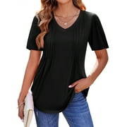 Fantaslook Blouses for Women Dressy Casual V Neck Pleated Tunic Tops Summer Short Sleeve Boho Shirts