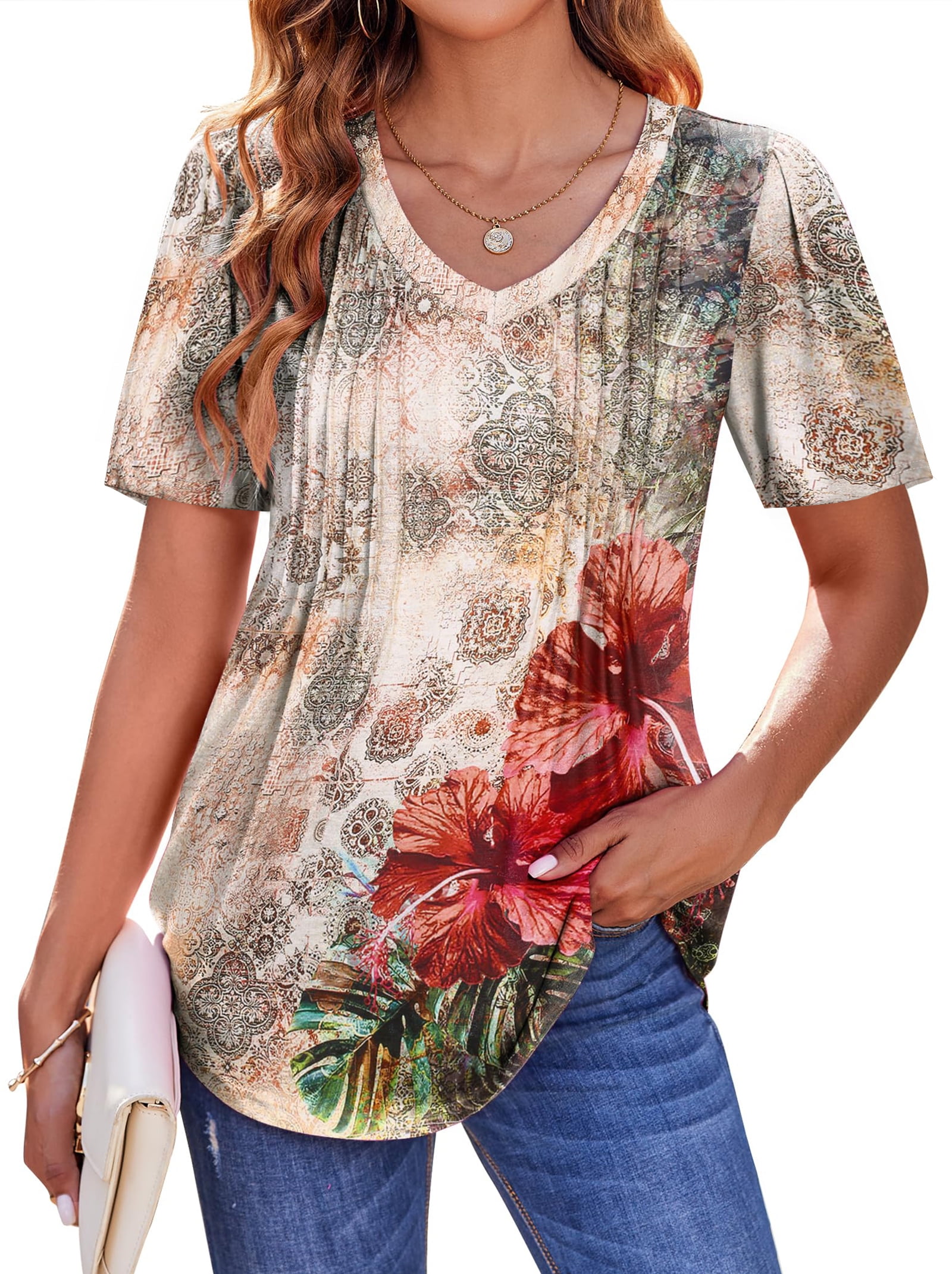 Fantaslook Blouses for Women, Dressy V Neck Tunic Tops, Short Sleeve ...