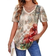 Fantaslook Blouses for Women Dressy Casual V Neck Pleated Tunic Tops Summer Short Sleeve Boho Shirts