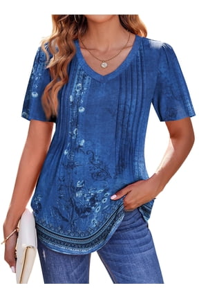 Blouses for Women Dressy Casual V Neck Pleated Tunic Tops Summer Short Sleeve Boho Shirts