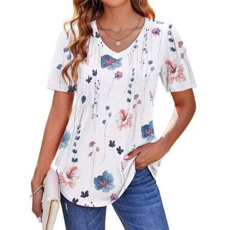 Fantaslook Blouses for Women Dressy Casual V Neck Pleated Tunic Tops Summer Short Sleeve Boho Shirts