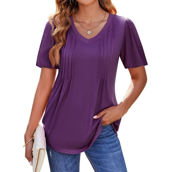 Fantaslook Blouses for Women Dressy Casual V Neck Pleated Tunic Tops Summer Short Sleeve Boho Shirts