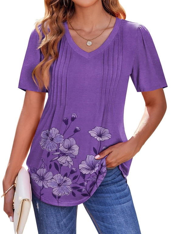 Blouses for Women Dressy Casual V Neck Pleated Tunic Tops Summer Short Sleeve Boho Shirts