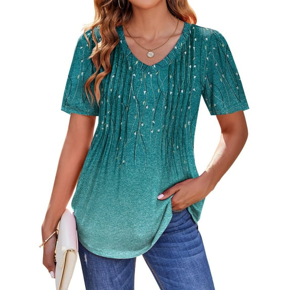 Fantaslook Blouses for Women Dressy Casual V Neck Pleated Tunic Tops Summer Short Sleeve Boho Shirts