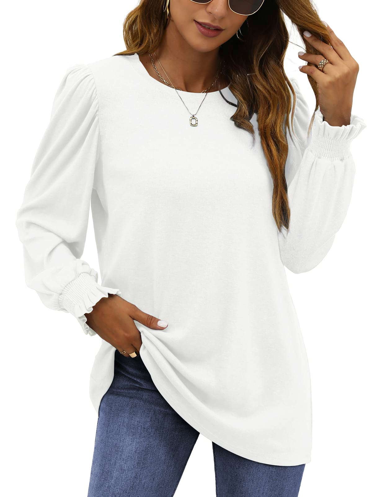 Fantaslook Blouses for Women Dressy Puff Sleeve Tunic Tops Casual Fall Shirts