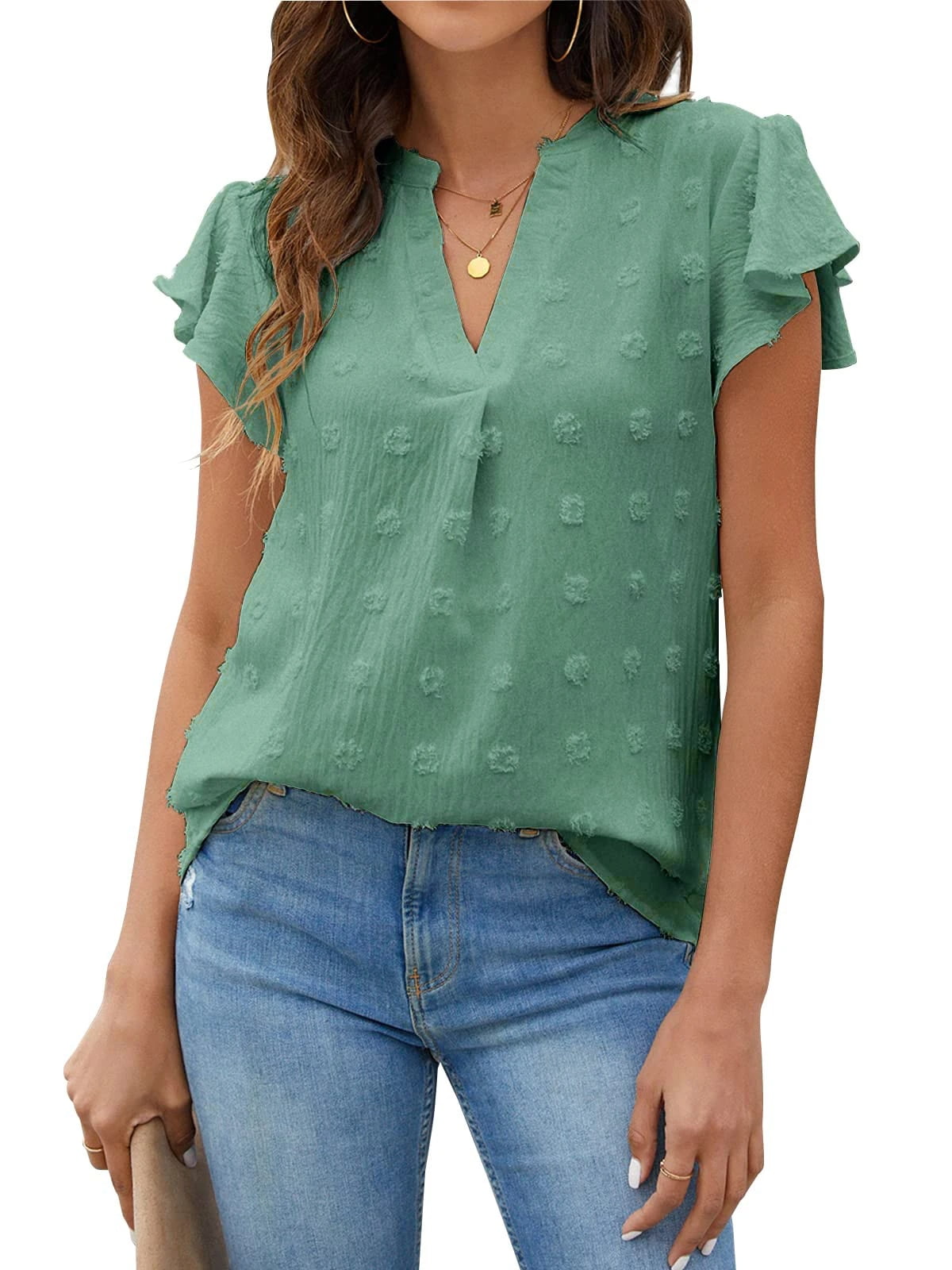 Fantaslook, Blouses for Women, 2XL, Green, Summer V Neck Ruffle ...