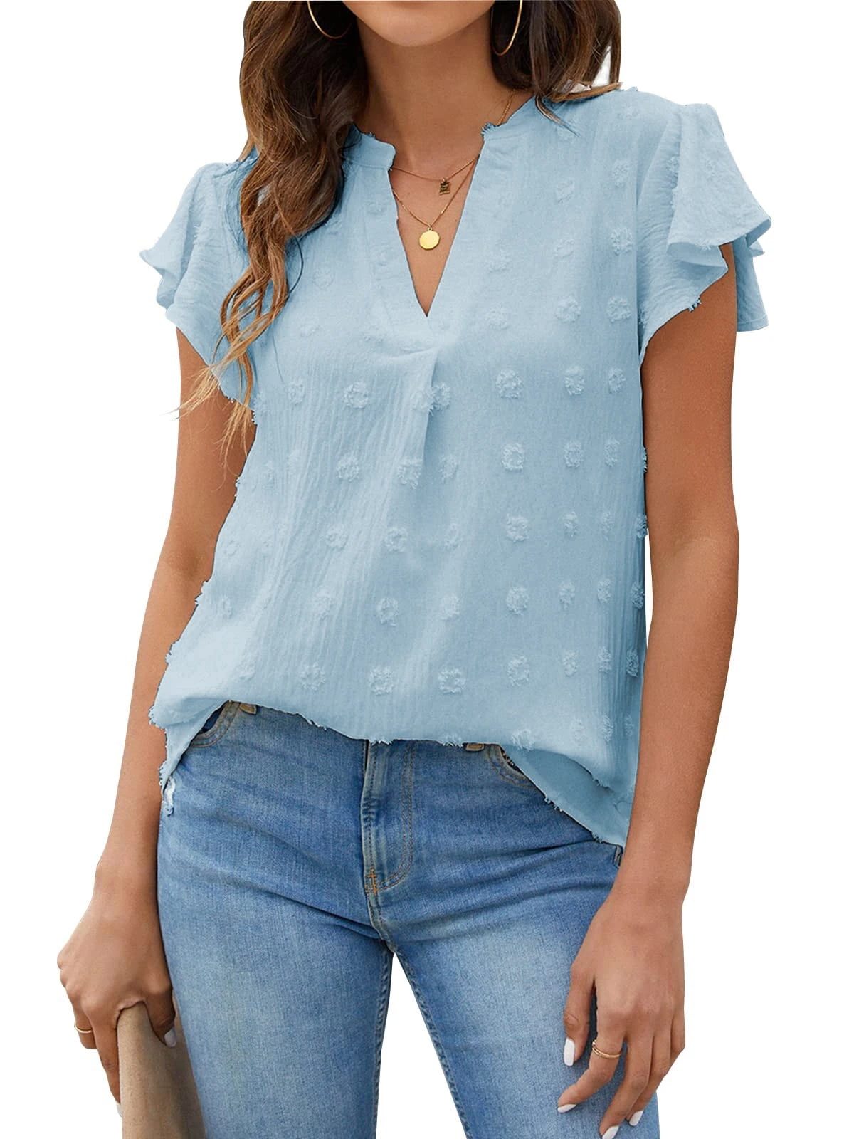 Fantaslook Blouses for Women Dressy V Neck Ruffle Sleeve Summer Tops ...