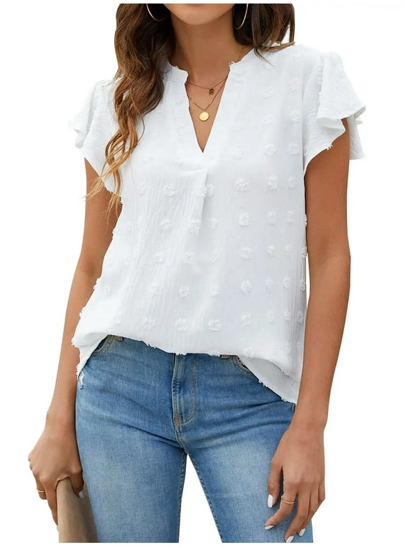 Fantaslook Blouses for Women Dressy V Neck Ruffle Sleeve Summer Tops Casual Flowy Shirts
