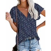 Fantaslook Blouses for Women Floral Boho Summer Tops V Neck Short Sleeve Shirts