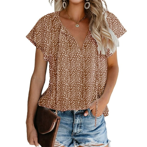 Fantaslook Blouses for Women Floral Print V Neck Ruffle Short Sleeve Shirts Casual Summer Tops