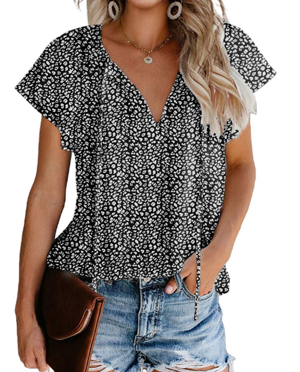 Short Puff Sleeve Color Contrast V-notched Neck Floral Top