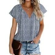 Fantaslook Blouses for Women Floral Print V Neck Ruffle Short Sleeve Shirts Casual Summer Tops