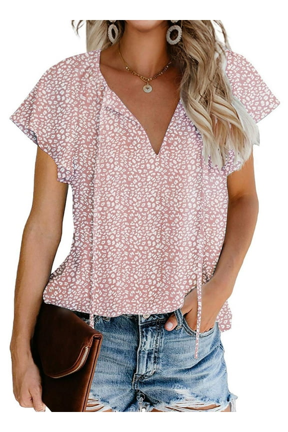 Blouses for Women Floral Print V Neck Ruffle Short Sleeve Shirts Casual Summer Tops