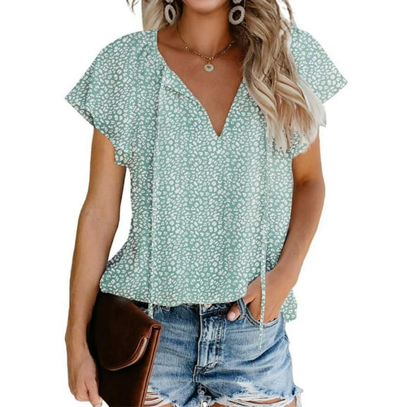 Fantaslook Blouses for Women Floral Print V Neck Ruffle Short Sleeve Shirts Casual Summer Tops