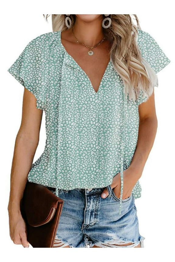 Blouses for Women Floral Print V Neck Ruffle Short Sleeve Shirts Casual Summer Tops