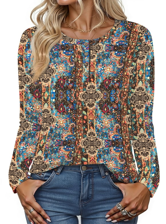 Blouses for Women Henley Long Sleeve Shirts Dressy Casual Fall Tops Work Blouses