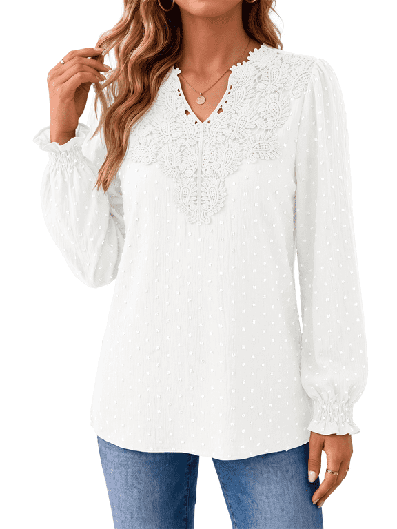 Blouses for Women Lace V Neck Long Sleeve Blouse Pleated Chiffon Pom Pom Shirt Dressy Casual Fall Tops