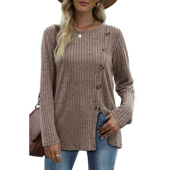 Fantaslook Blouses for Women Long Sleeve Crew Neck Tunic Tops Buttons Side Fall Shirts